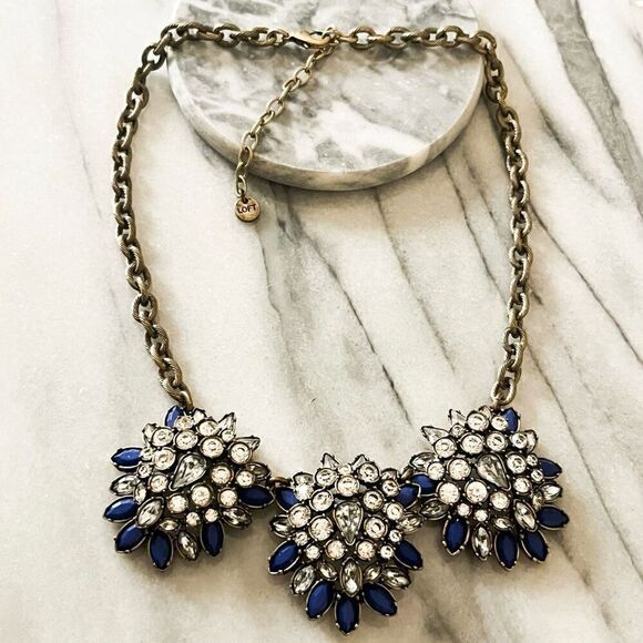 LOFT Statement Necklace - Blue Clear, Silver Toned Metal Chain, Dressy Evening - Picture 1 of 7